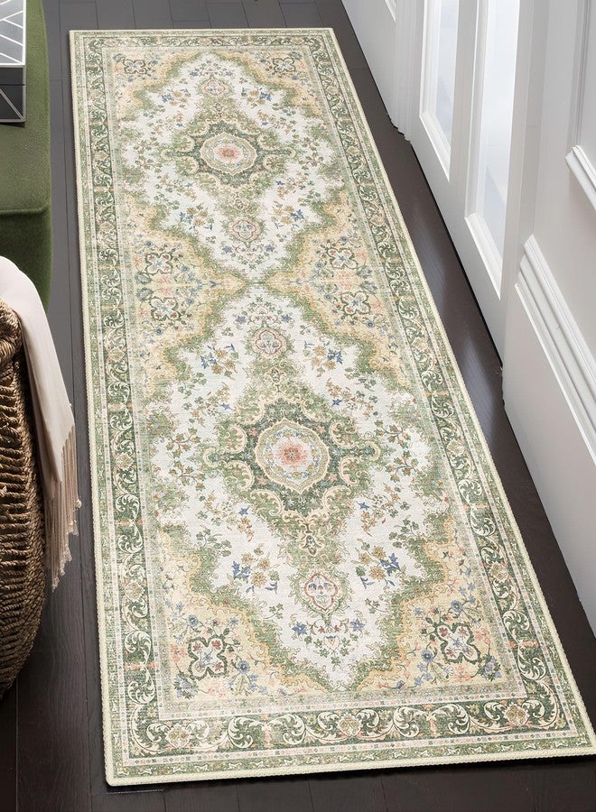 Castage Washable Runner Rug 2'x6',Green Rug Runners Non Slip,Long Boho Rugs for Hallways Kitchen Bathroom Bedroom Entryway,Vintage Bohemian Distressed Floor Carpet,Sage Floral - Image 2